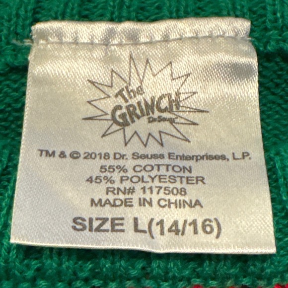 Authentic Grinch Christmas Sweater Green White Striped Long Sleeve Sz. L‎ 14 16 - Picture 3 of 5
